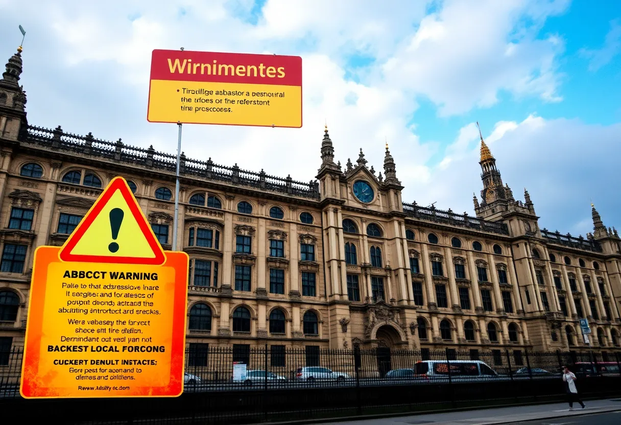 UK Parliament building showing signs of asbestos risks and fire safety warnings.