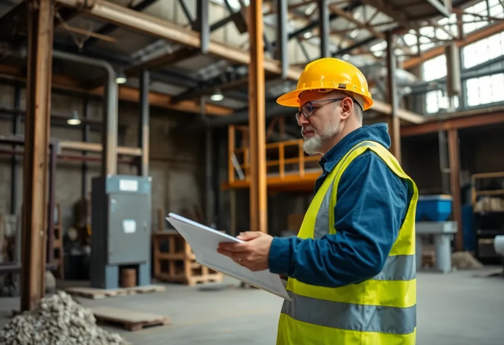 Safety inspector assessing asbestos risks in a manufacturing facility