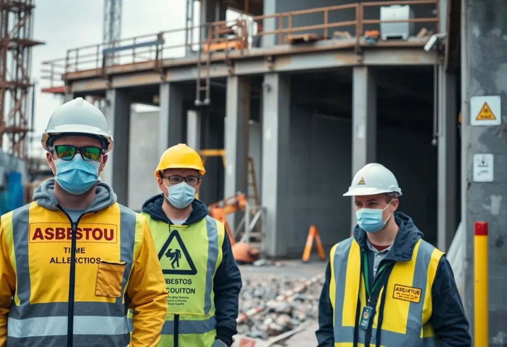 Construction workers with asbestos warnings in background