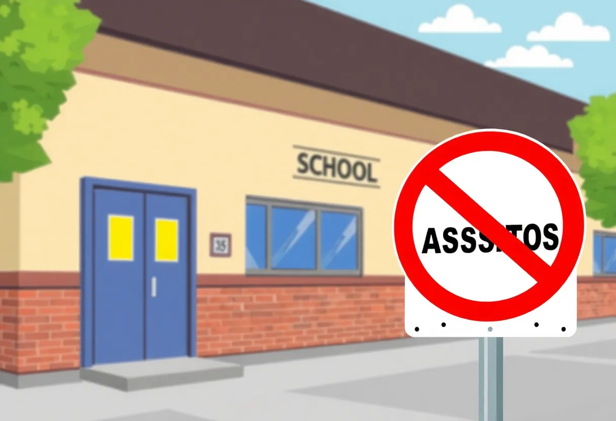 A school building with a prominent no asbestos sign.