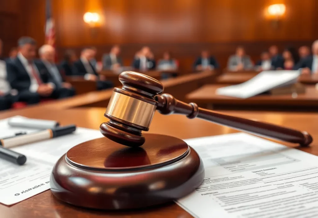 Courtroom scene depicting a gavel and legal documents related to asbestos exposure.