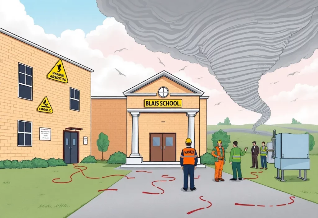 Asbestos warning signs at Perryville High School after tornado damage.