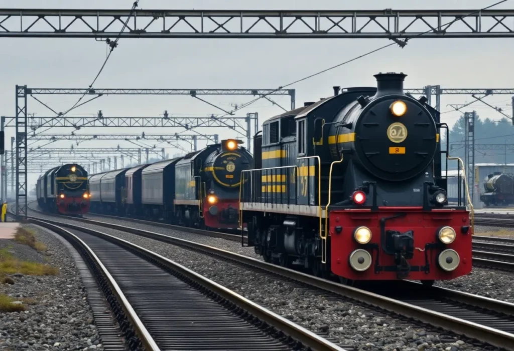Locomotive in a railway yard showing warning signs for asbestos contamination.