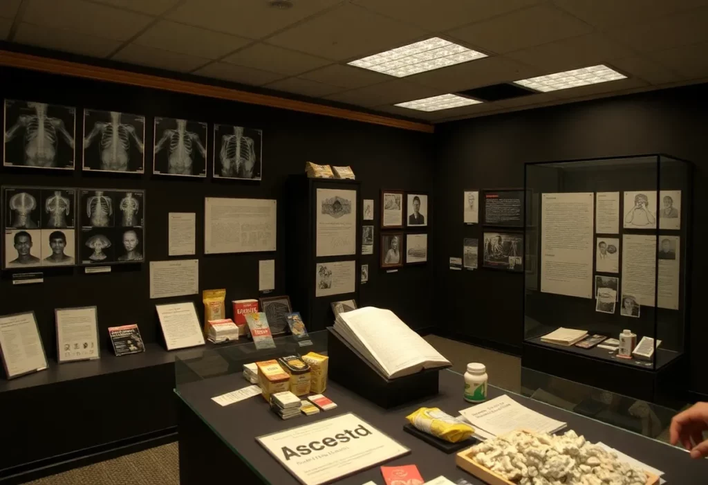 Educational exhibit on asbestos with personal stories and artifacts.