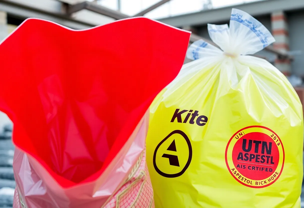 UN-certified asbestos disposal bags by Kite Packaging in a construction environment.