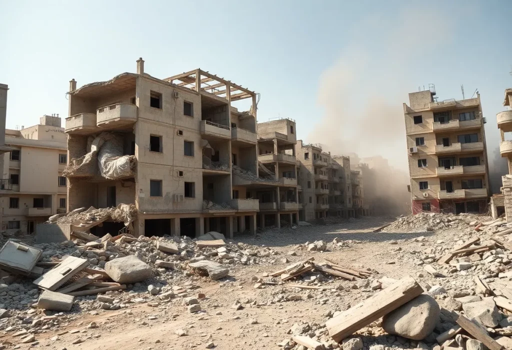 Debris and collapsed buildings in Gaza, highlighting the asbestos exposure risk.