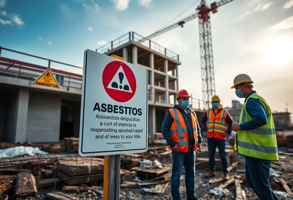Construction site with asbestos warning signs and safety gear