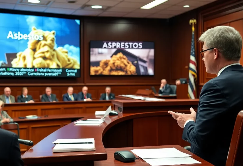 Lawyer arguing a case about asbestos exposure in court