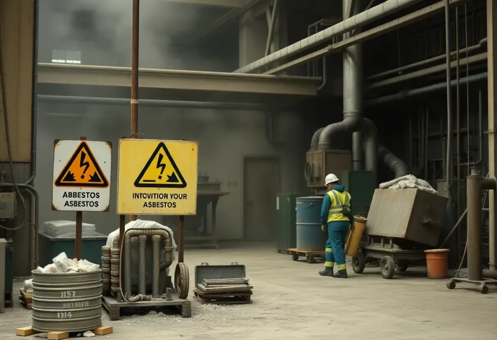 Workers in a factory environment with safety equipment handling hazardous materials.