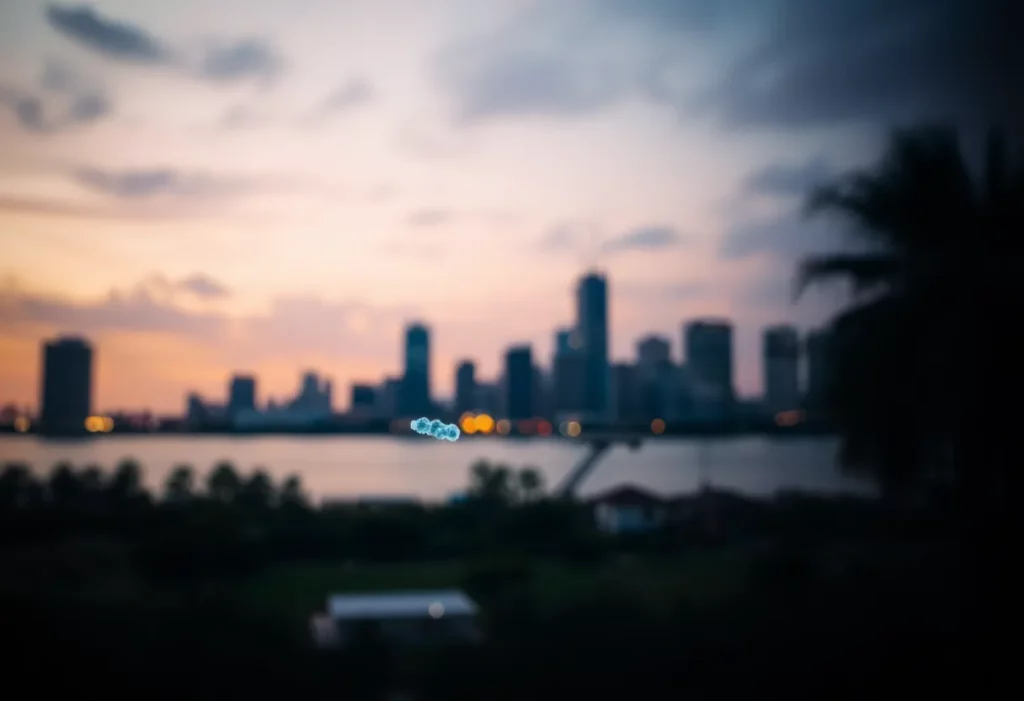 Close-up of asbestos fibers with Florida skyline in the background