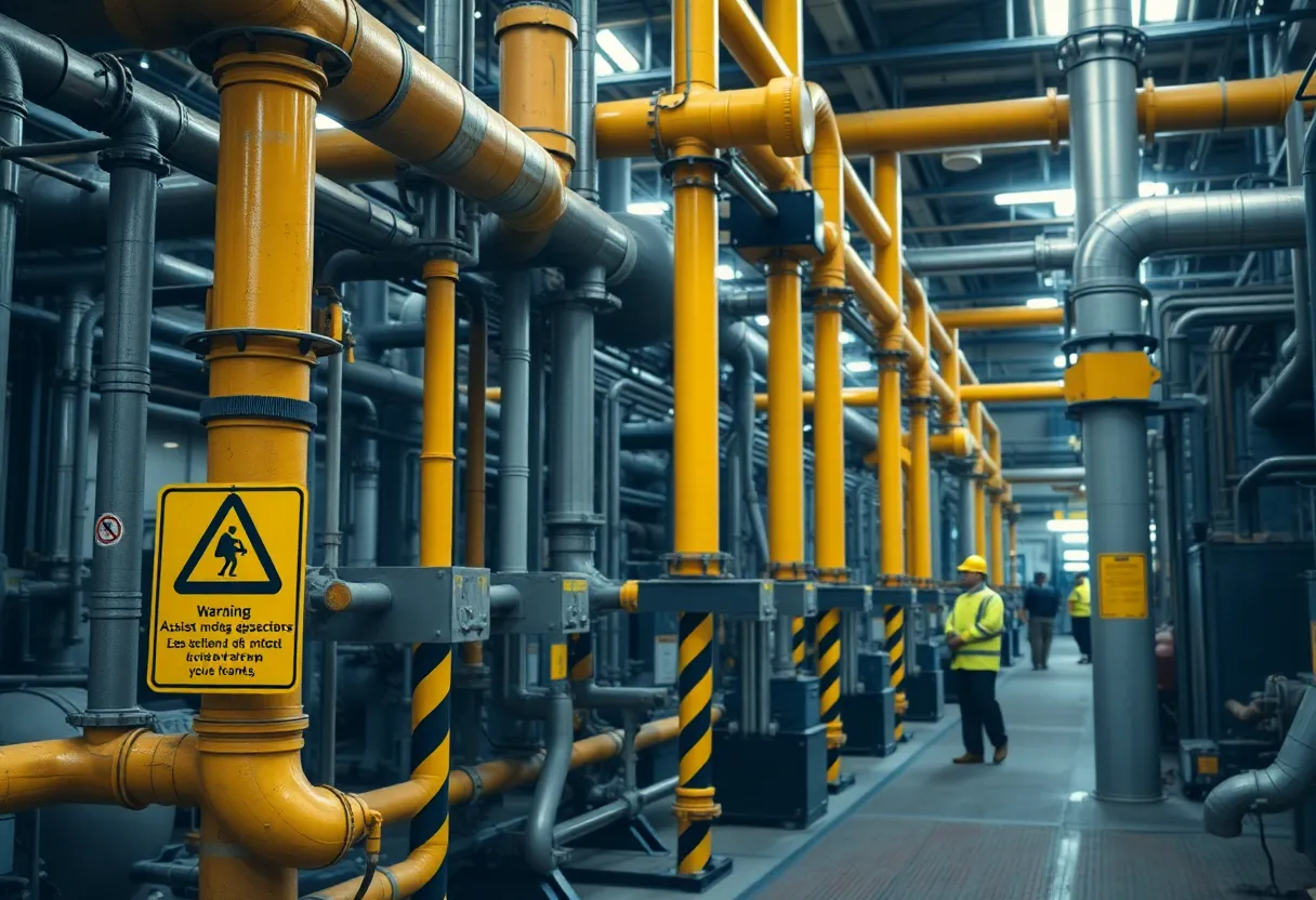 Workers in an industrial plant with warning signs for asbestos exposure.