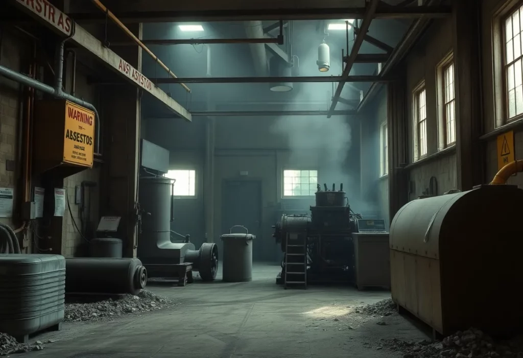 Industrial workplace with safety warnings about asbestos exposed environment