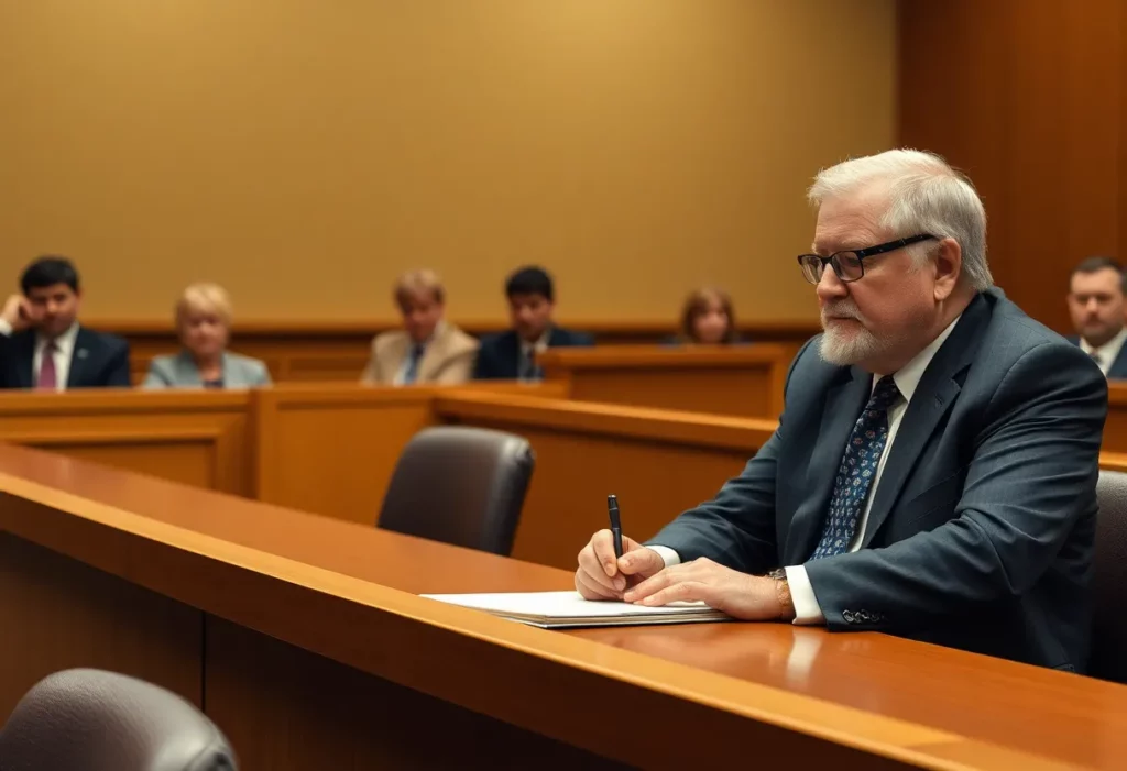 Courtroom scene regarding asbestos exposure lawsuit