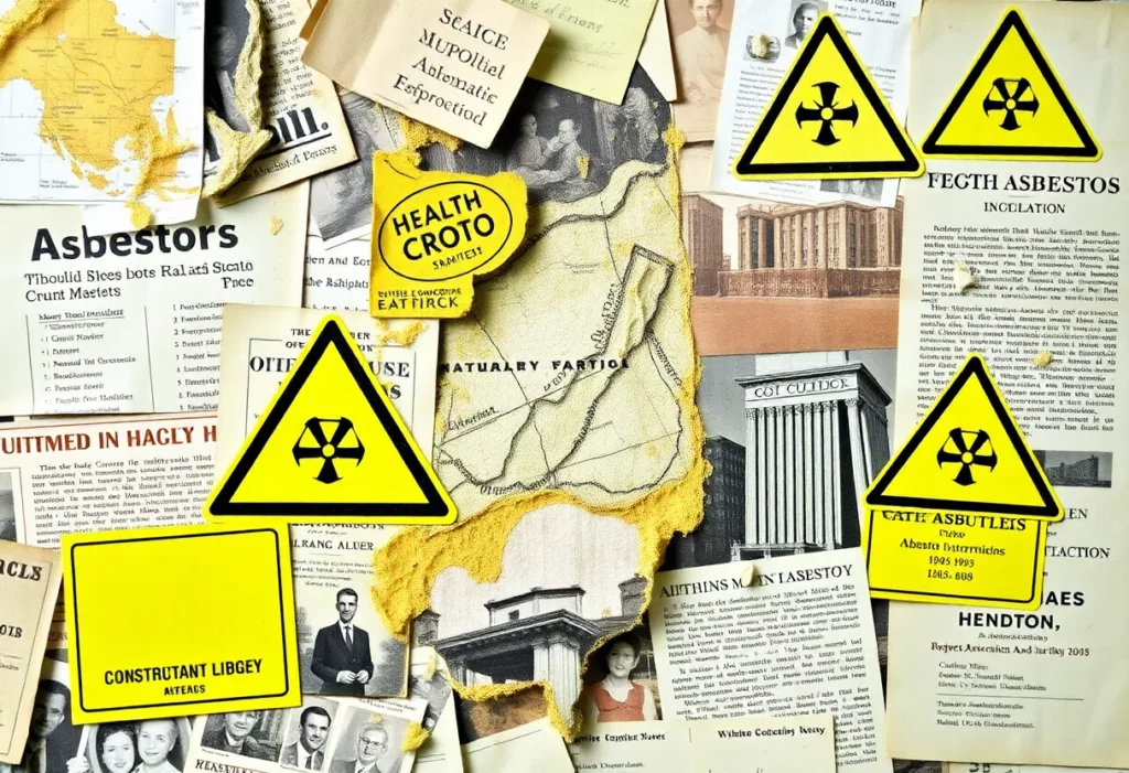 Illustration depicting the dangers of asbestos exposure in buildings and industries.