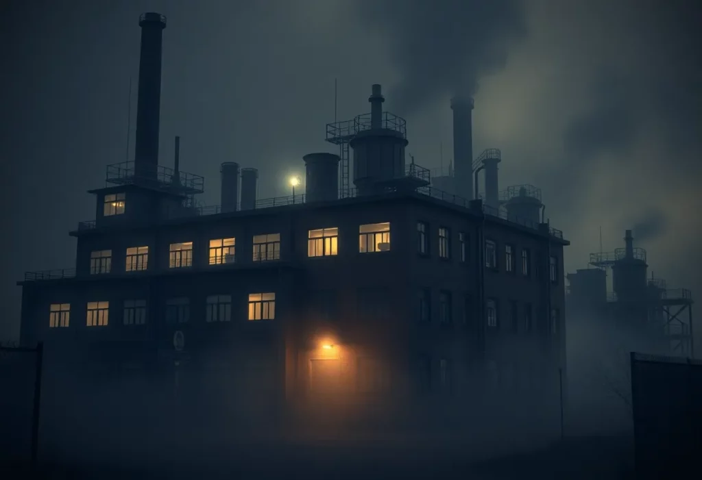 Nostalgic image of a factory shrouded in mist, representing the hidden dangers of asbestos.
