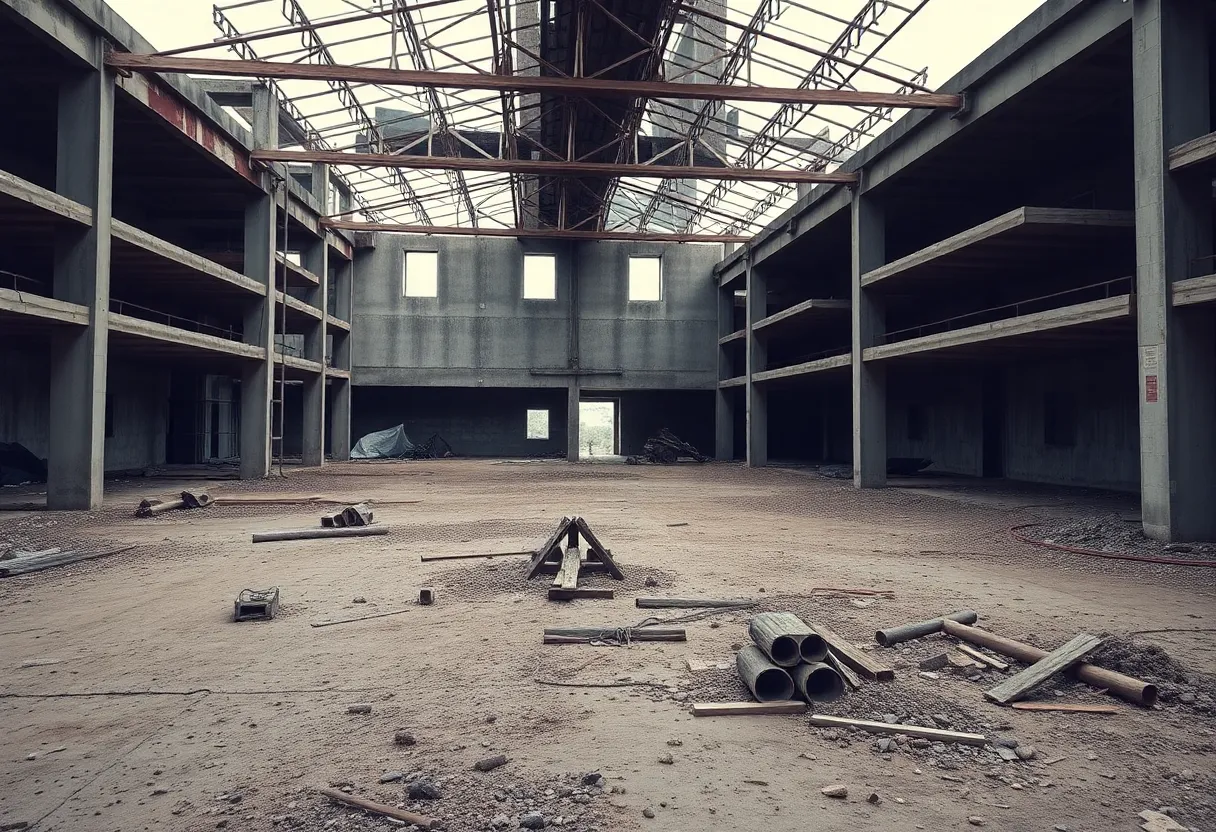 Abandoned construction site emphasizing asbestos safety risks