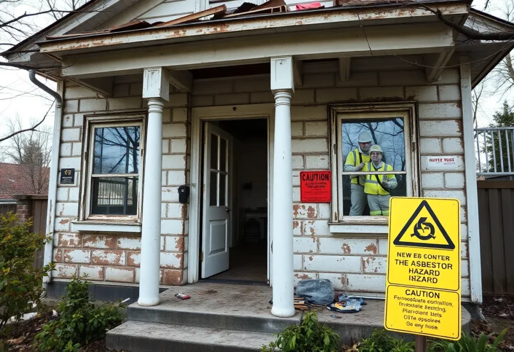 Workers in protective gear inspecting a house for asbestos during renovations.
