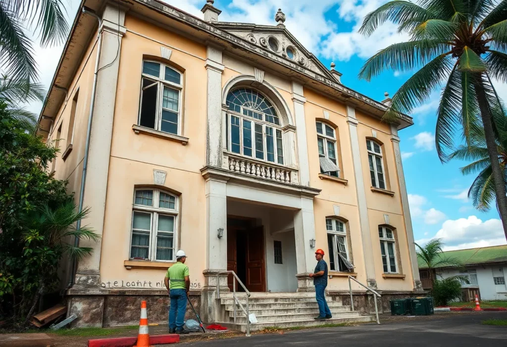 Construction workers inspecting a government building for asbestos safety in Honiara.