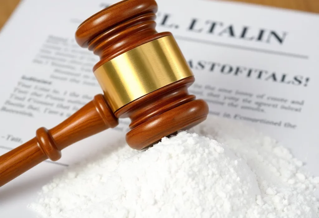 A gavel on a legal document with talc powder, symbolizing a lawsuit about asbestos in cosmetics.