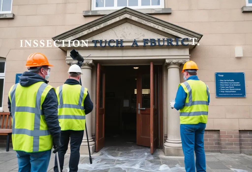 Workers inspecting a public building for asbestos safety