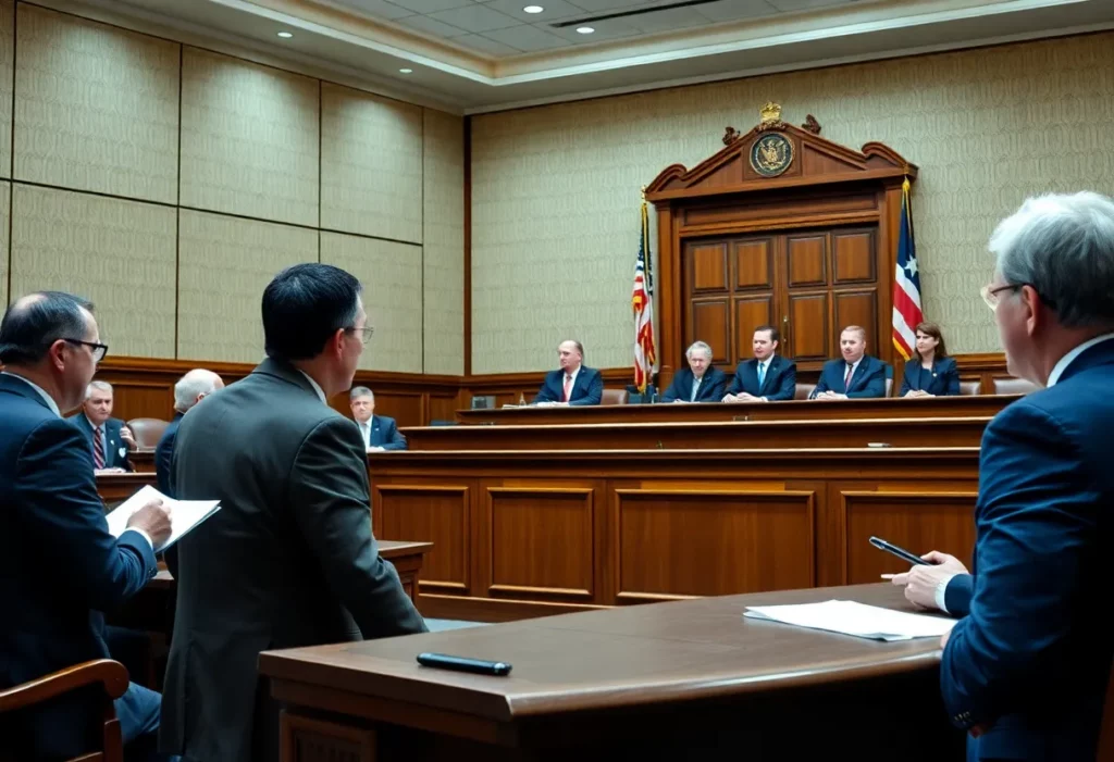 Courtroom scene illustrating a legal battle related to asbestos exposure.