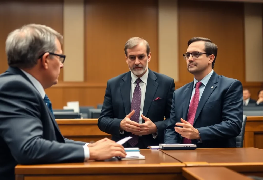 Courtroom scene with legal professionals discussing asbestos litigation.