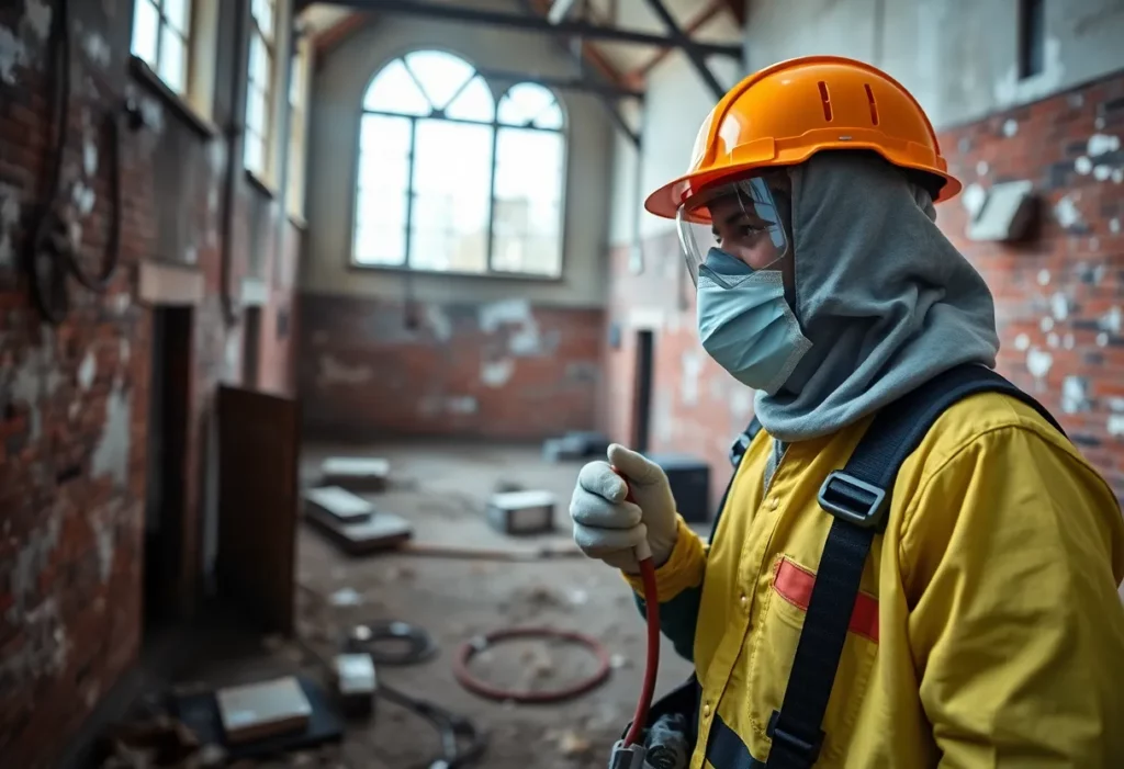 Construction worker removing asbestos at the old Forest Avenue School