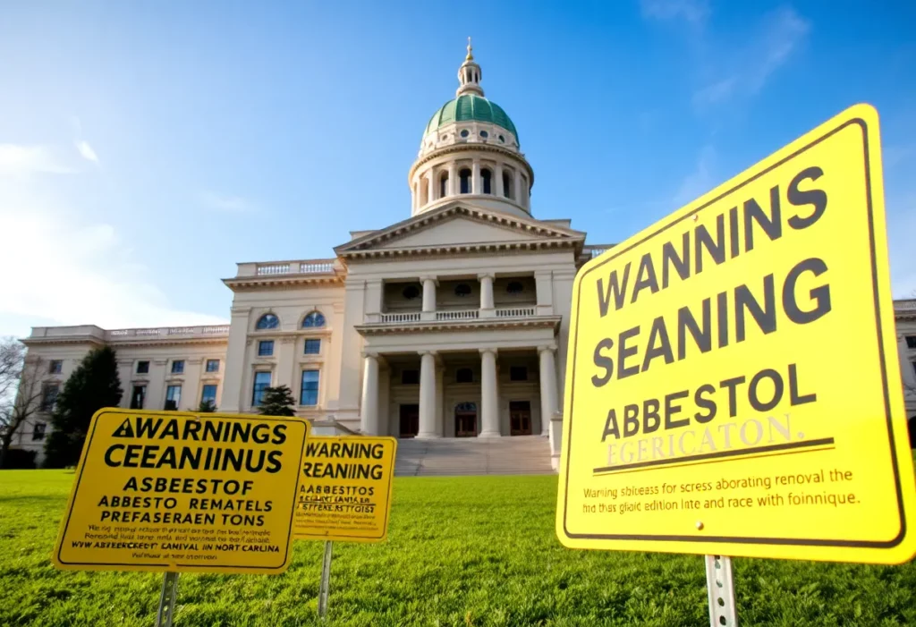 Warning signs for asbestos removal at North Carolina Legislature building