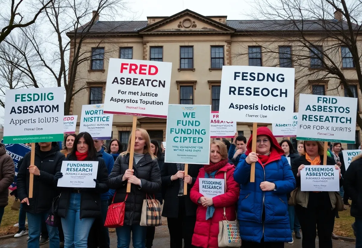 Advocates holding signs for asbestos research funding