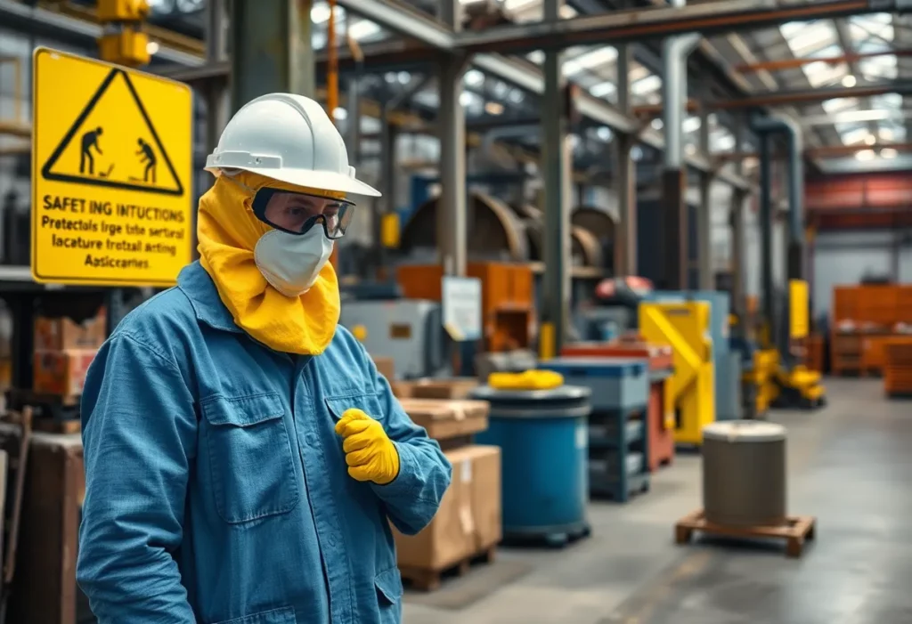 Protection gear and warning signs for asbestos safety in industry