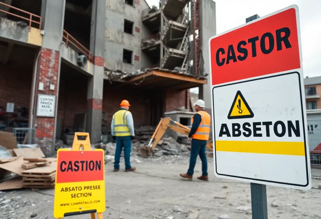 Construction site with asbestos hazard warnings and safety precautions in place.