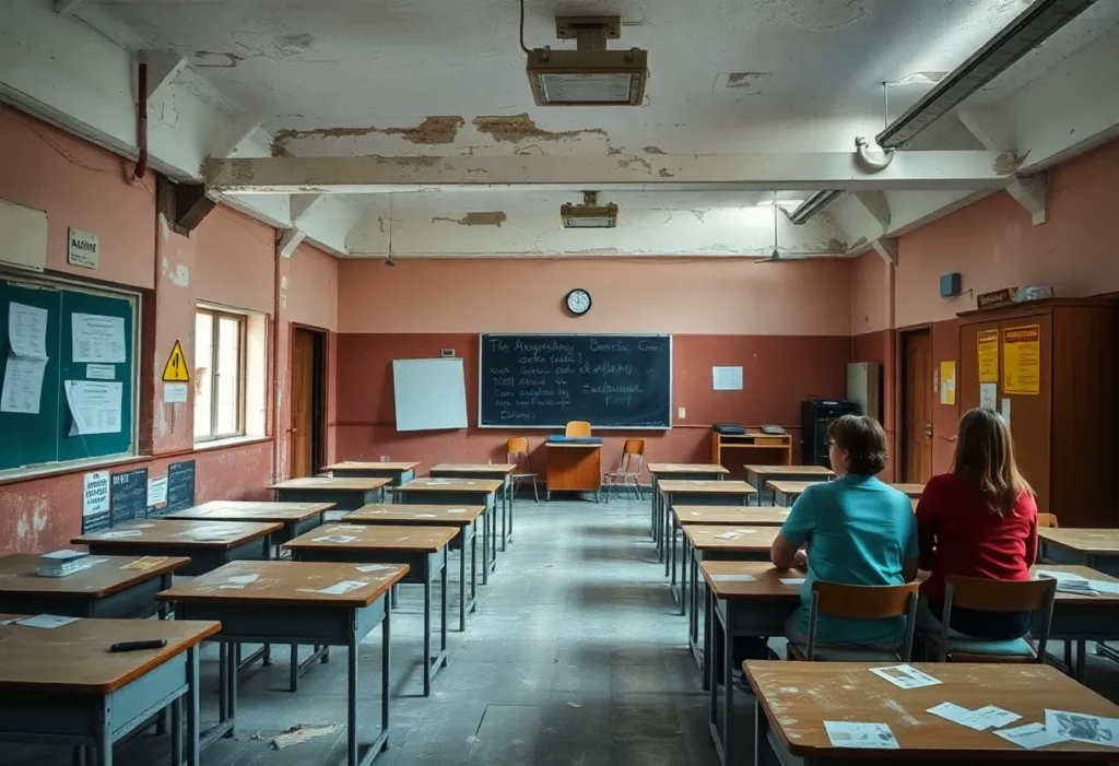 Deteriorating school classroom with asbestos warning signs