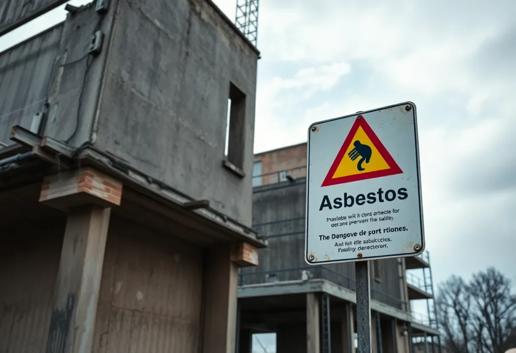 An image depicting the hazardous nature of asbestos in construction environments, with warning signs and safety gear.
