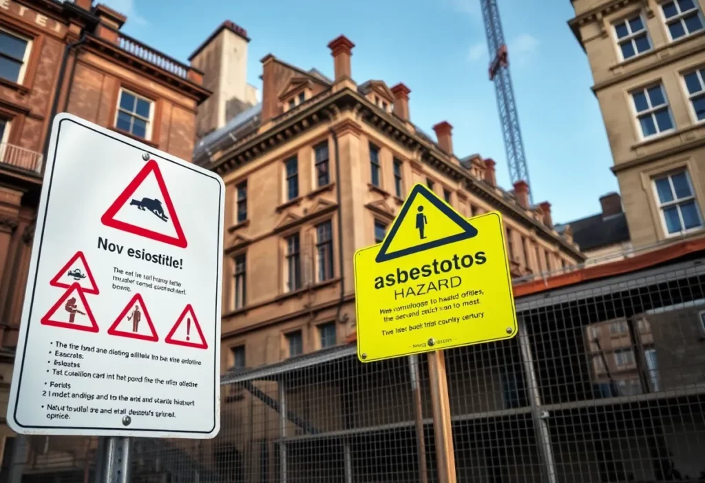 Caution sign for asbestos at a construction site