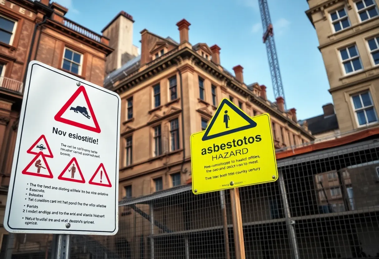 Warning signs related to asbestos exposure at a construction site.