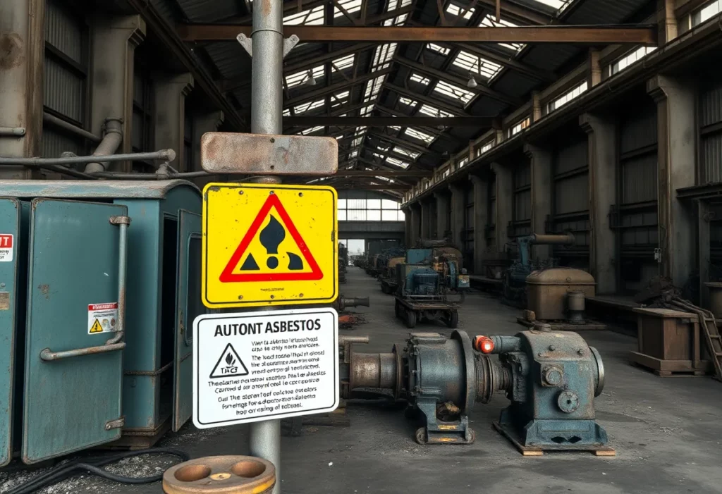 Warning sign for asbestos safety in manufacturing facility