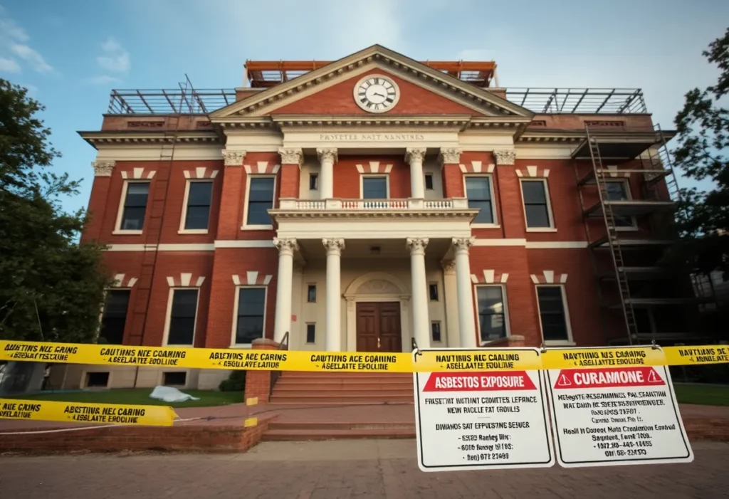 Caution tape and warning signs at a North Carolina legislative building regarding asbestos exposure