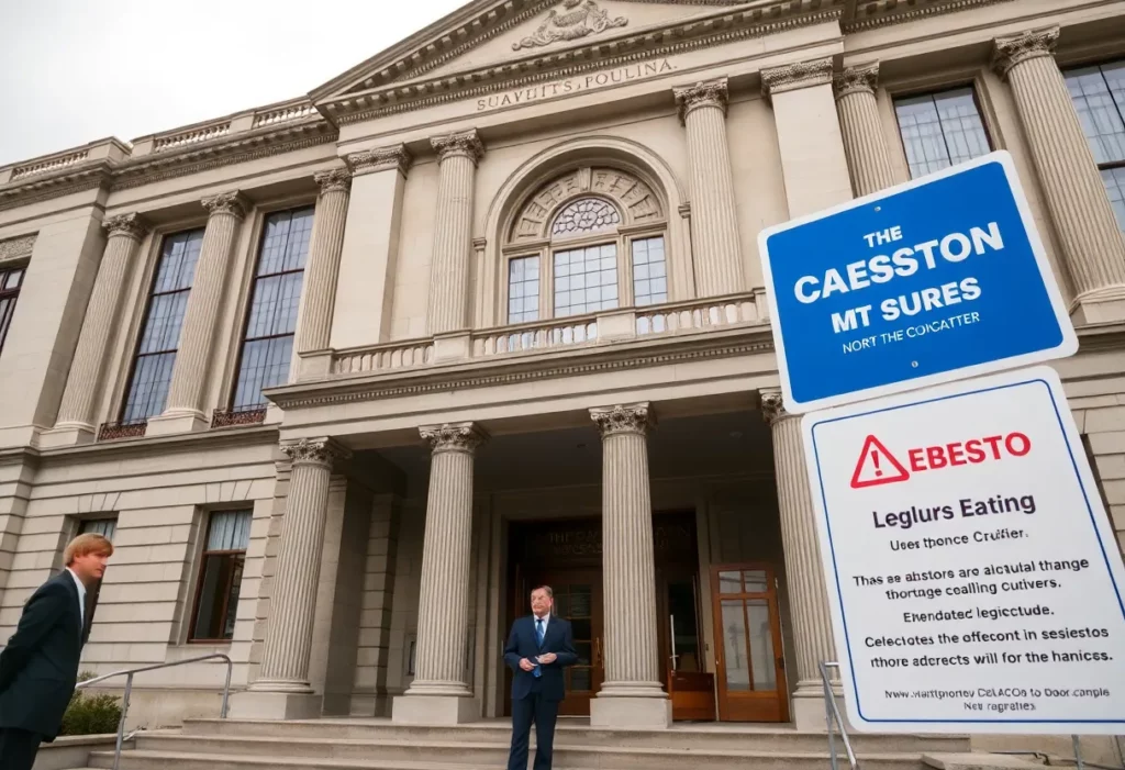 Warning sign for asbestos at the North Carolina Legislative Building