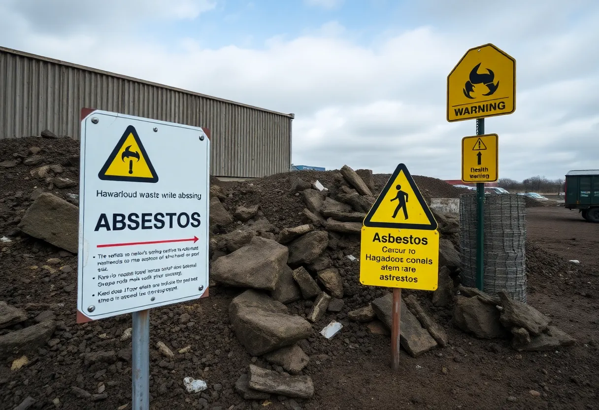Warning signs at an asbestos waste site highlighting the dangers of exposure.