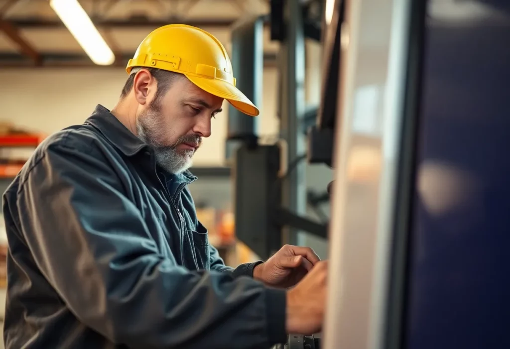 Auto-truck mechanic repairing a vehicle in a workshop with visible asbestos warning signs.