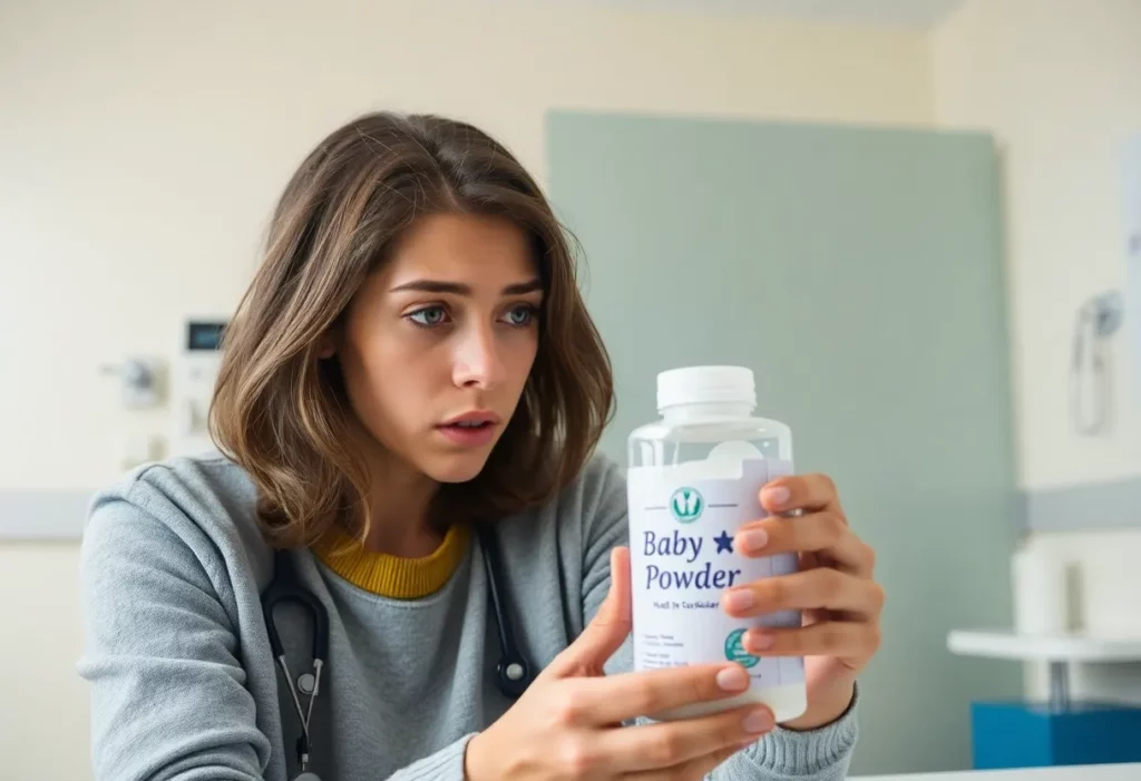 Young adult examining baby powder bottle indicating health risks.