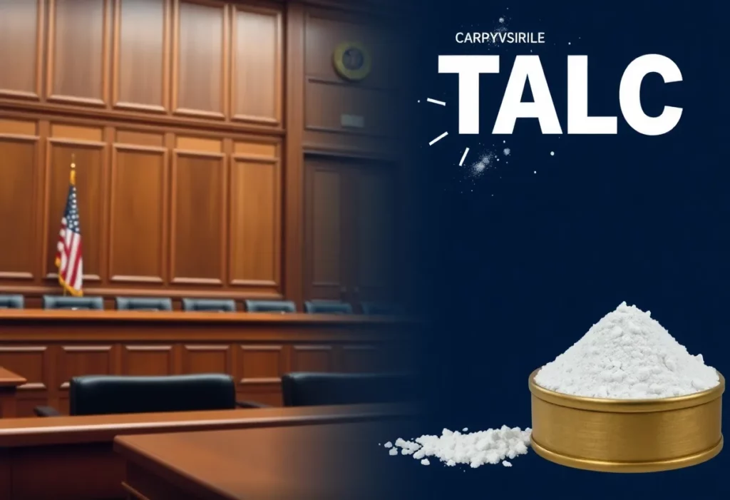 Courtroom with talc powder symbolizing corporate responsibility