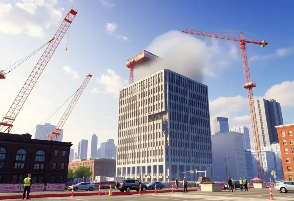 Demolition scene of Bresee Tower and Courthouse Annex.