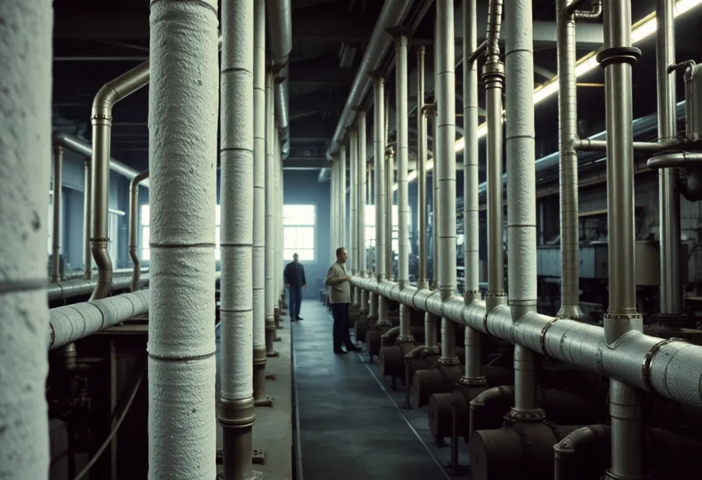 Factory interior showing asbestos-lagged pipes