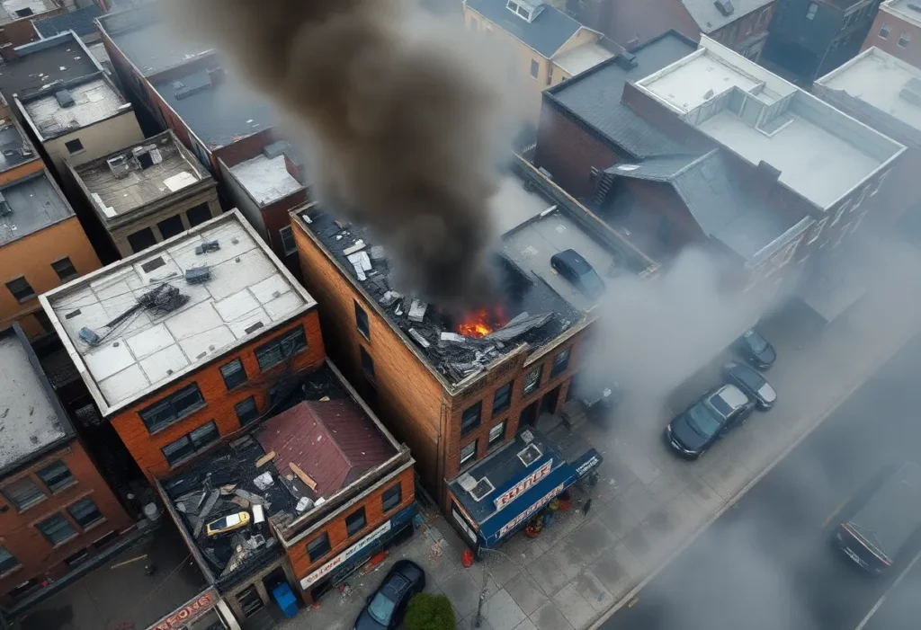 Aerial view showing the aftermath of a fire in the Bronx, with signs of destruction and smoke.