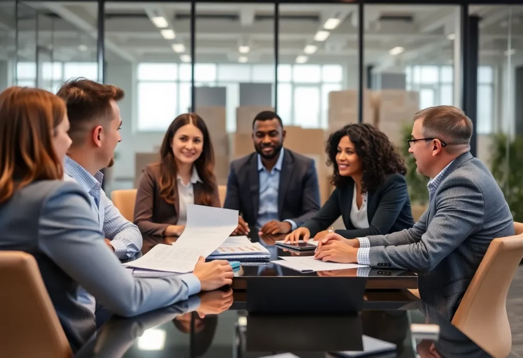 A diverse team in a business meeting focused on tariff impacts and supply chain strategies.