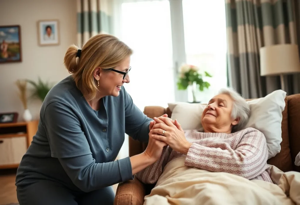 A caregiver comforting a patient suffering from pleural mesothelioma.