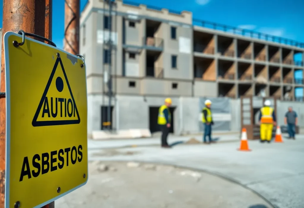 Construction site in Charles City with asbestos warning