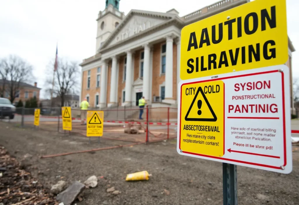Construction workers at the Charles City renovation site with asbestos caution signs.