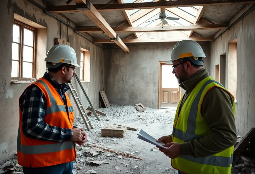 Construction workers discussing safety measures regarding chrysotile asbestos exposure.